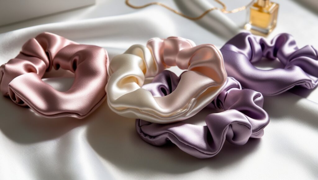 Hair Scrunchies: The Ultimate Accessory for Style, Comfort, and Hair Care 4 Leonardo Phoenix A closeup image of satin and silk scrunchies 3