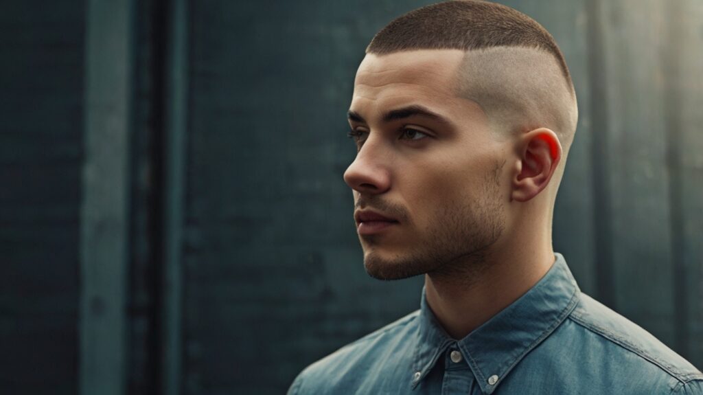 The Buzz Cut: A Timeless, Bold, and Low-Maintenance Haircut for Men 7 Leonardo Kino XL Create a highresolution image of a man with a 1 1